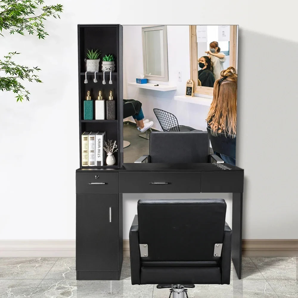 OmySalon Wall-Mount Barber Station With Mirror, 2 Drawers, 1 Storage Cabinet And 3 Open Shelves