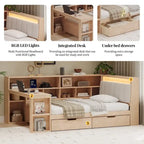 Ivery Furniture L-Shaped Wooden Twin/Full Daybed With Desk, Bookcase, Drawers And RGB Light - Natural/White