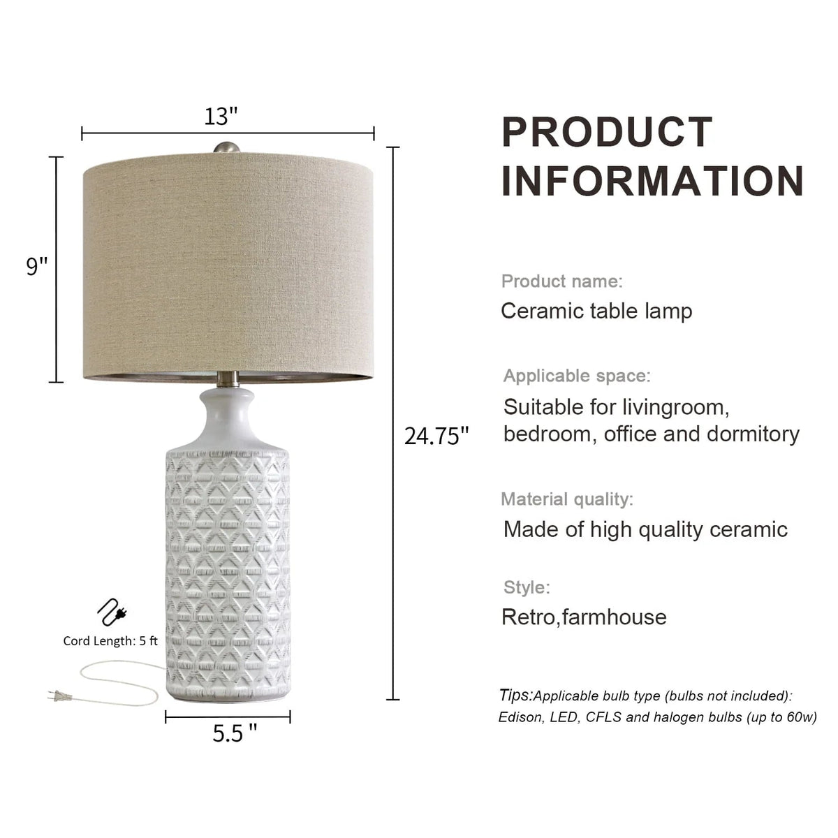 Oneach Ceramic Table Lamps, 24.75 inch, Set Of 2 - Modern Farmhouse