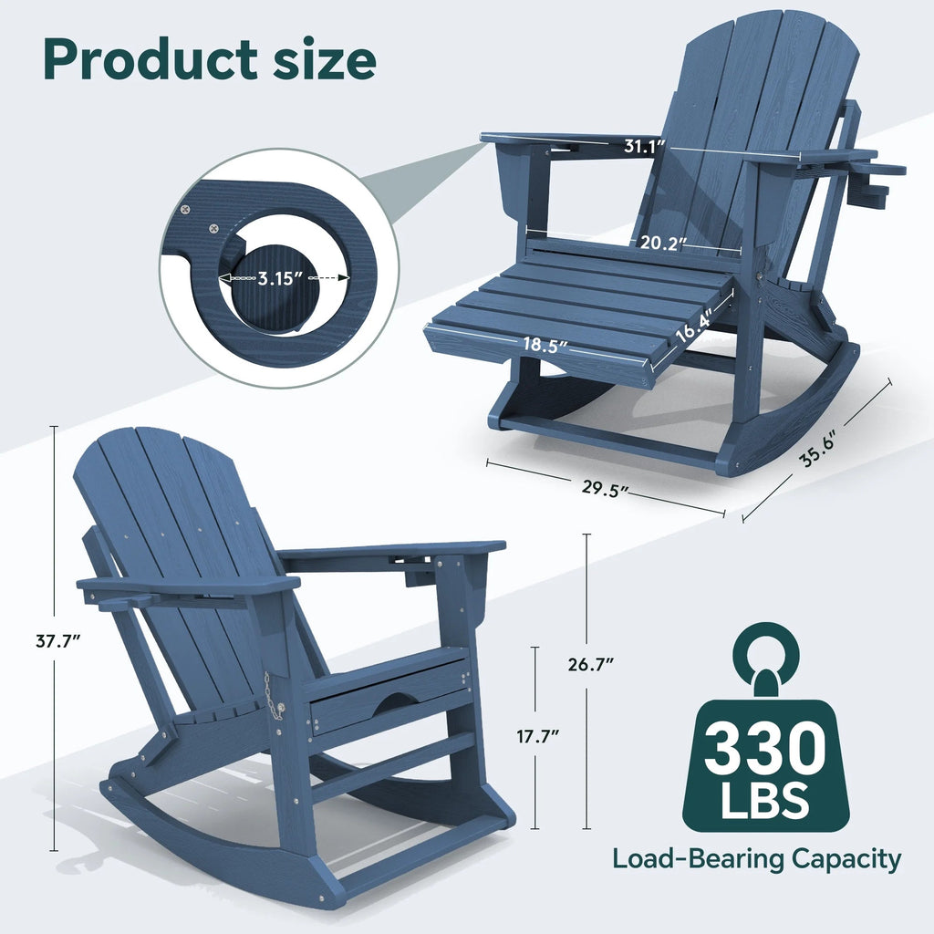 KINGYES Folding Adirondack Rocker Chair Set Of 2 With Footrest And Dual Cup Holders - Black