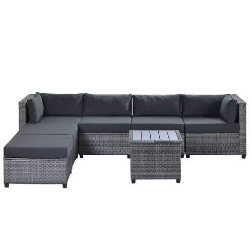 SESSLIFE 7-Piece Wicker Patio Sofa Set With Glass Coffee Table - Brown Rattan Beige Cushions