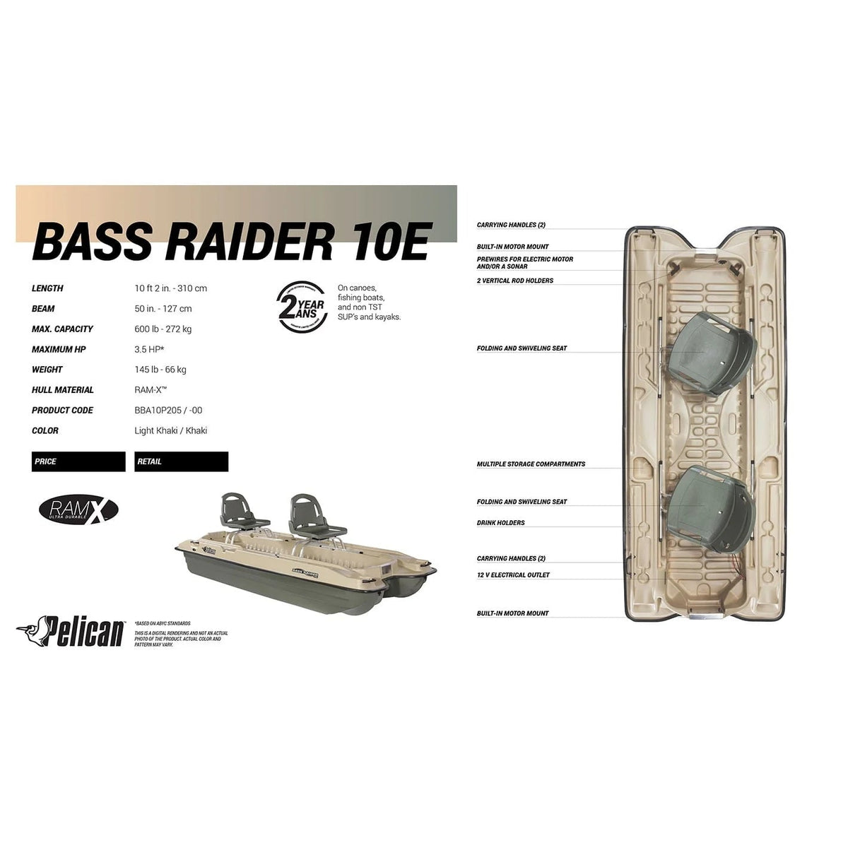 Pelican Bass Raider 10E 2-Person Fishing Boat - 10 ft