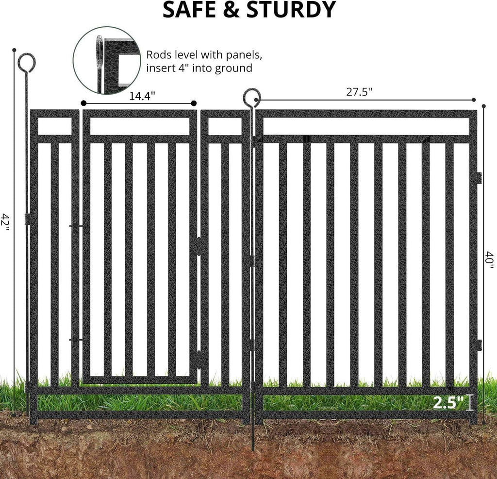 Decorative Metal Garden Fence 92ft L x 40in H, 35 Panels + 5 Gates, Black-Silver