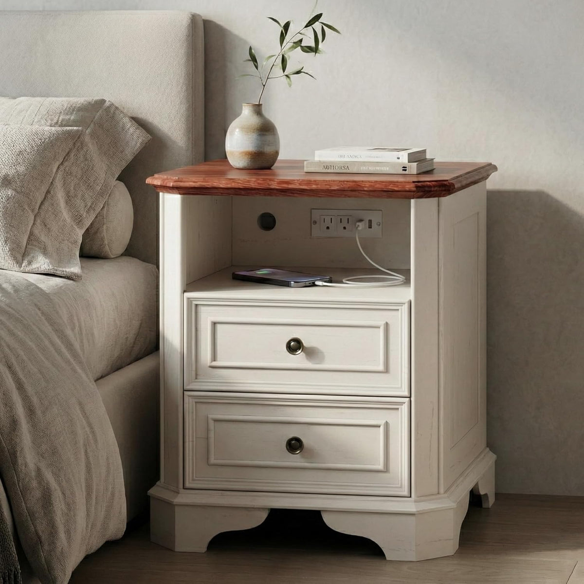 24in White Nightstands With Charging Station, 2 Drawers And Open Shelf - Set Of 2