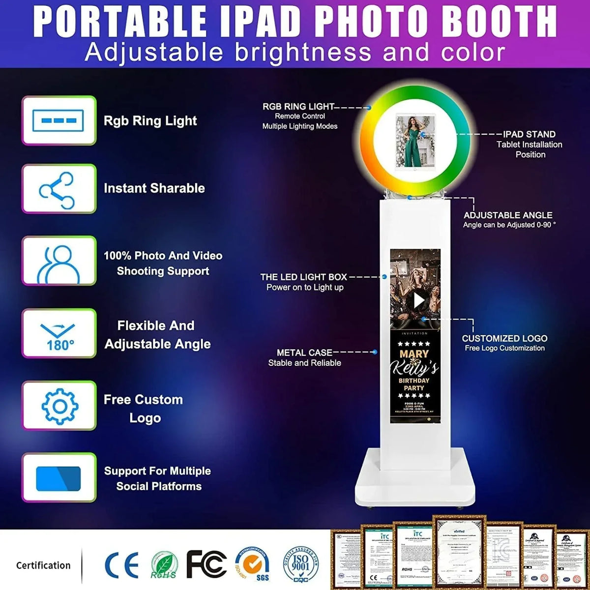 Portable iPad Photo Booth With 29in LCD Screen, RGB Ring Light, Remote Control And Flight Case