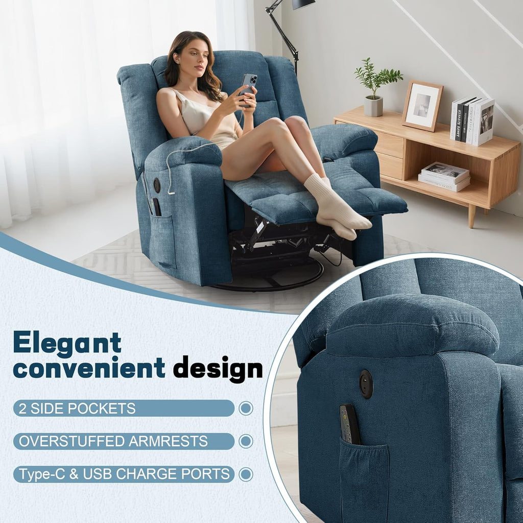 Korser Swivel Rocker Recliner Chair With Massage, Heating, USB Charging And Storage