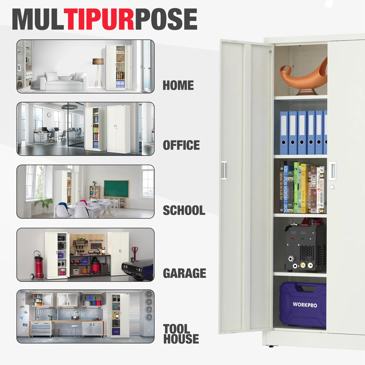 WORKPRO Metal Storage Cabinet With Locking Doors, Adjustable Shelves, Black, 71 Inches Tall - 31-1/2 x 15-3/4 Inch