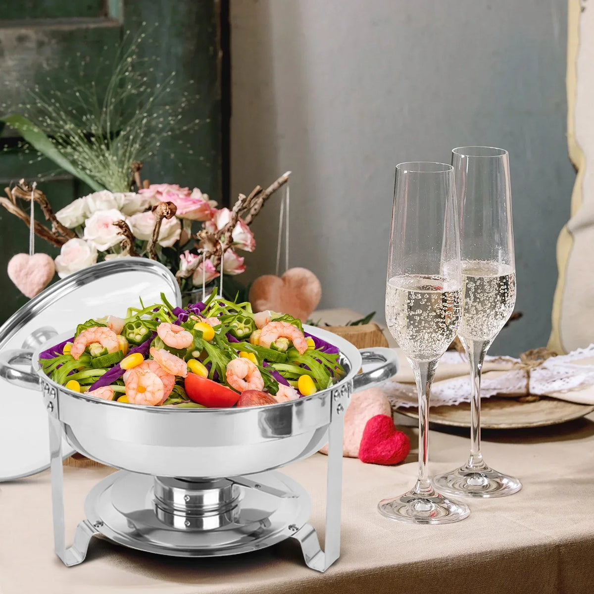 IMACONE 5QT Stainless Steel Round Chafing Dish Buffet Set, 2-Pack With Glass Lid