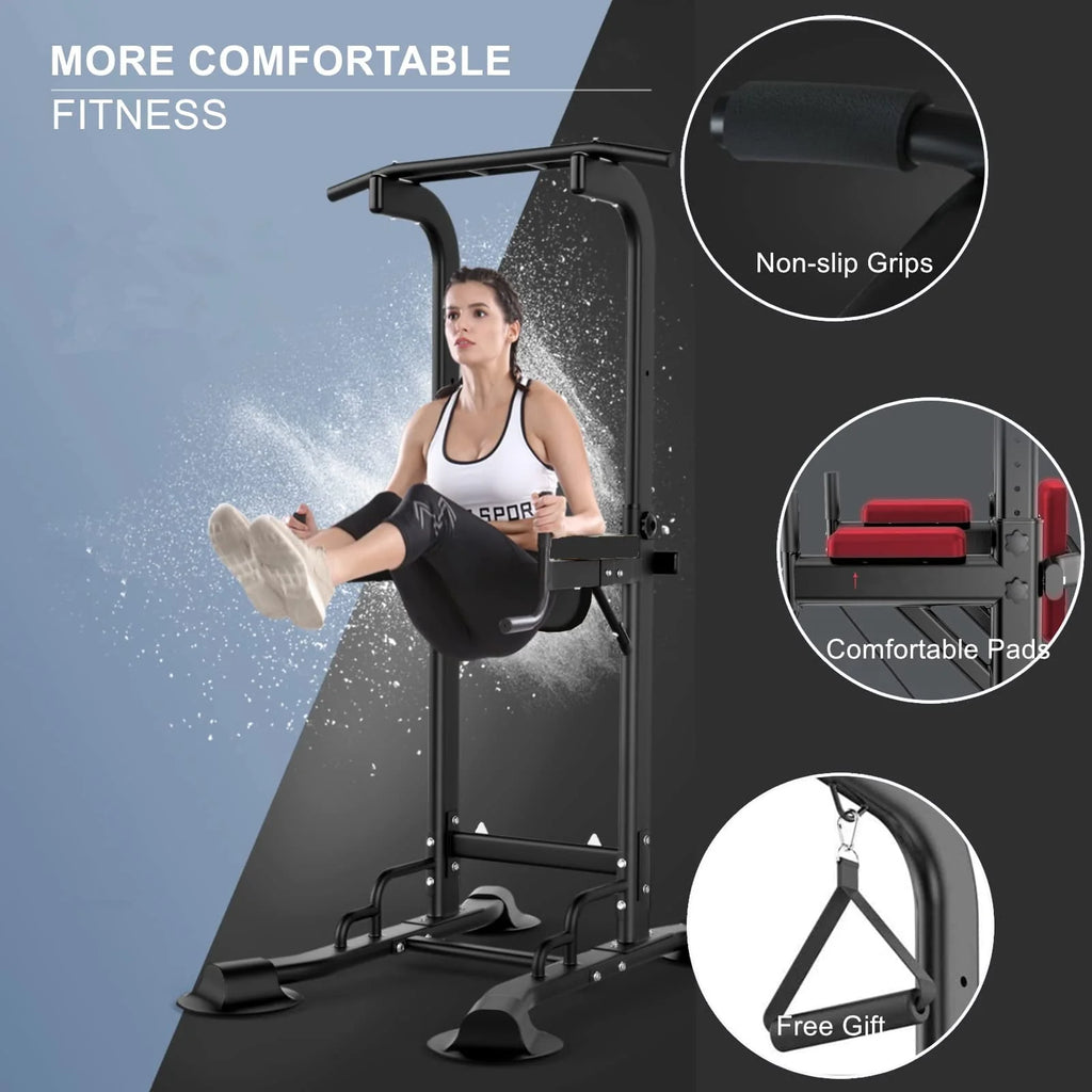 PROHIKER Power Tower Dip Station With Backrest And Resistance Band, Black