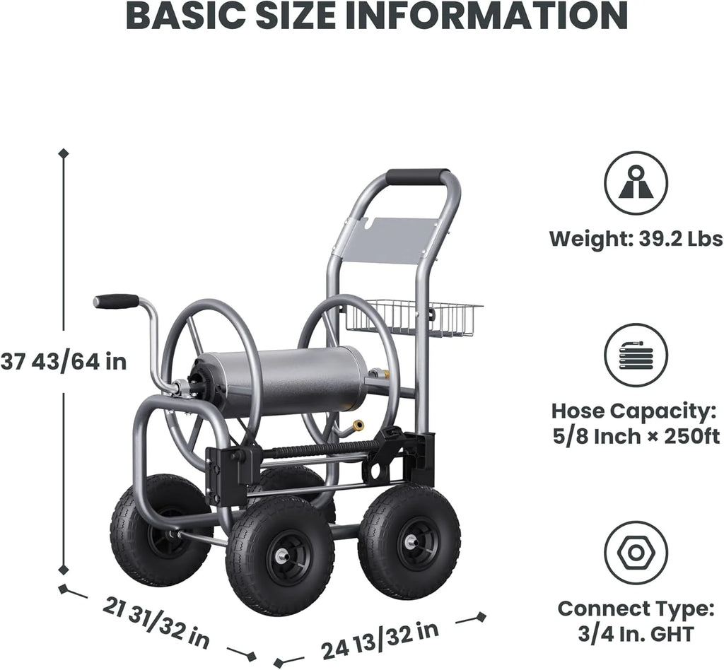 Giraffe Tools Heavy Duty Garden Hose Reel Cart With Wheels, 5/8in-250ft Hose Capacity