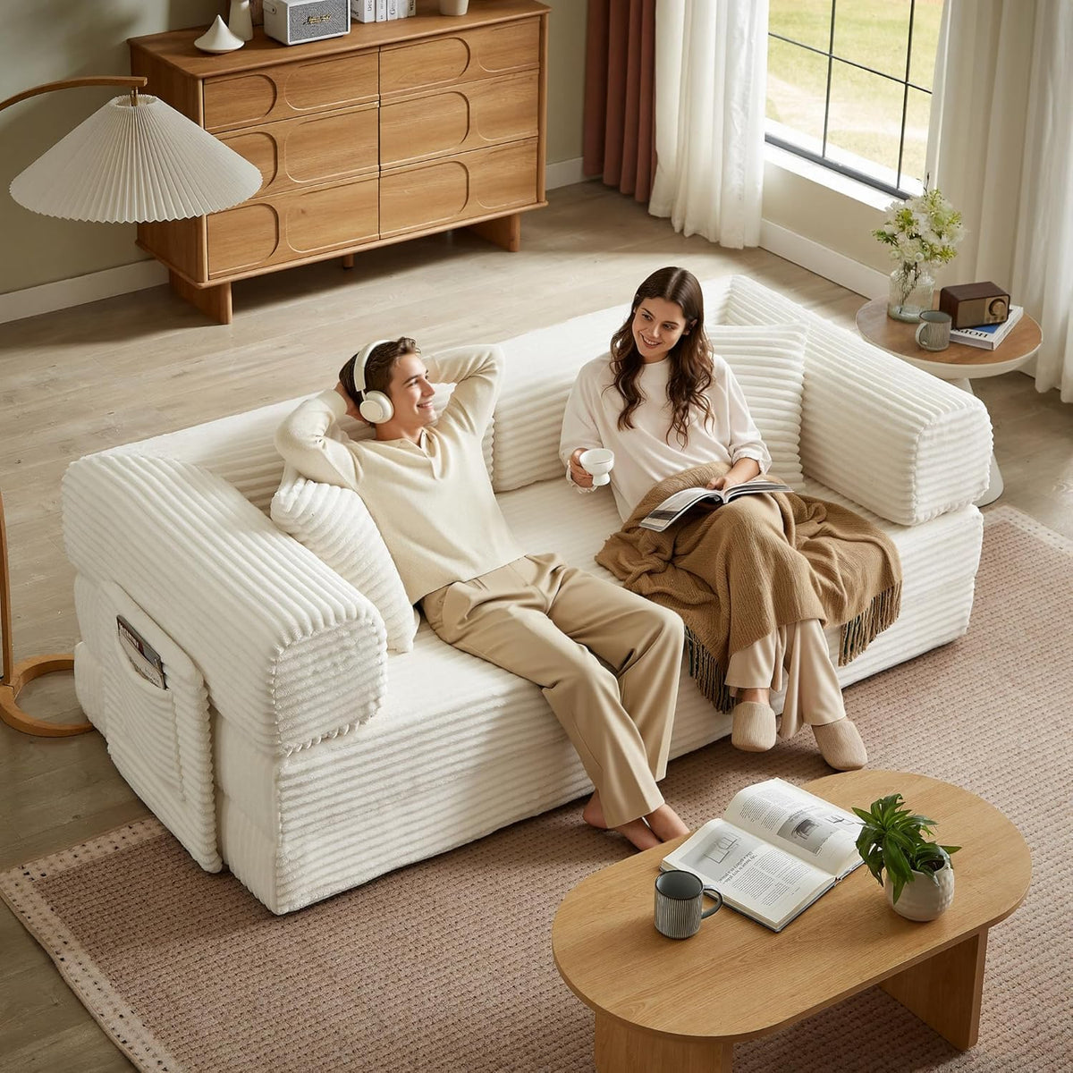 Boneless Folding Futon Sofa Bed, Fixed-Shape Corduroy Upholstered, White, 81 Inches