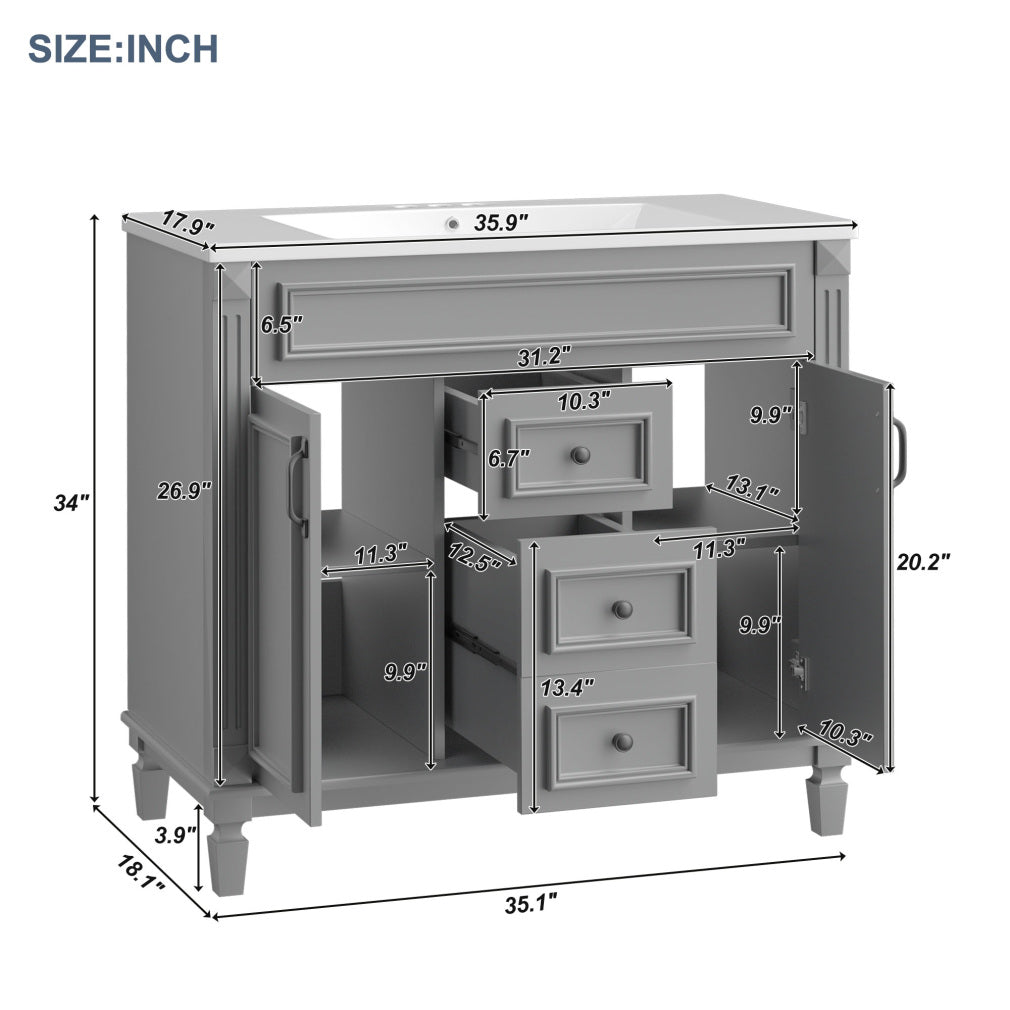 36'' Bathroom Vanity Set With Ceramic Sink Top, Mirror Cabinet, 2 Doors And 2 Drawers - Gray