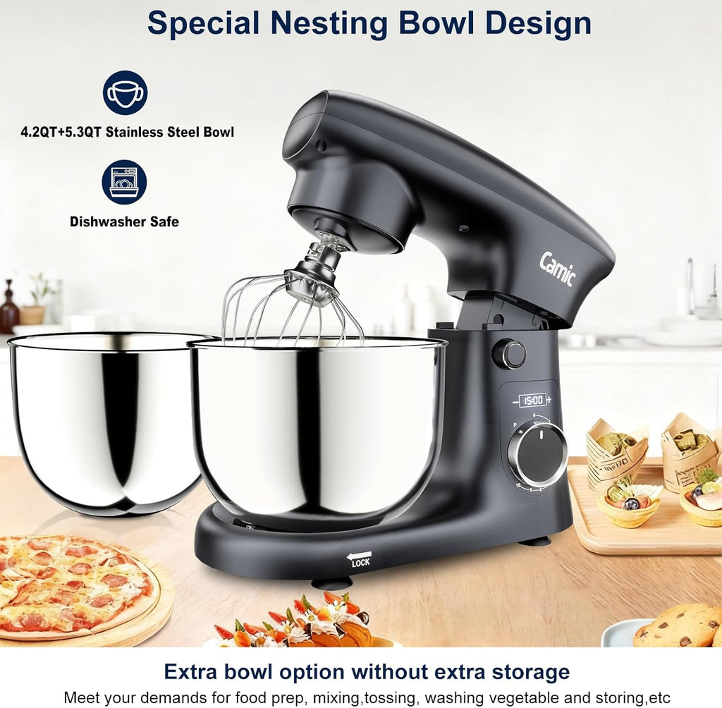 Camic Stand Mixer, 4.2QT + 5.3QT Stainless Steel Bowls, 10 Speeds - Grey