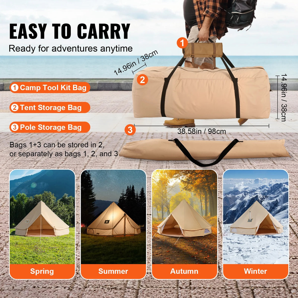 KFFKFF Canvas Bell Tent 6m/19.68ft 4-Season With Stove Jack - ZJTM1303
