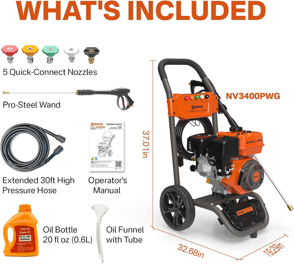 NOVUS Gas Pressure Washer 3400 PSI 2.6 GPM 212cc Engine 30ft Hose 5 Nozzles