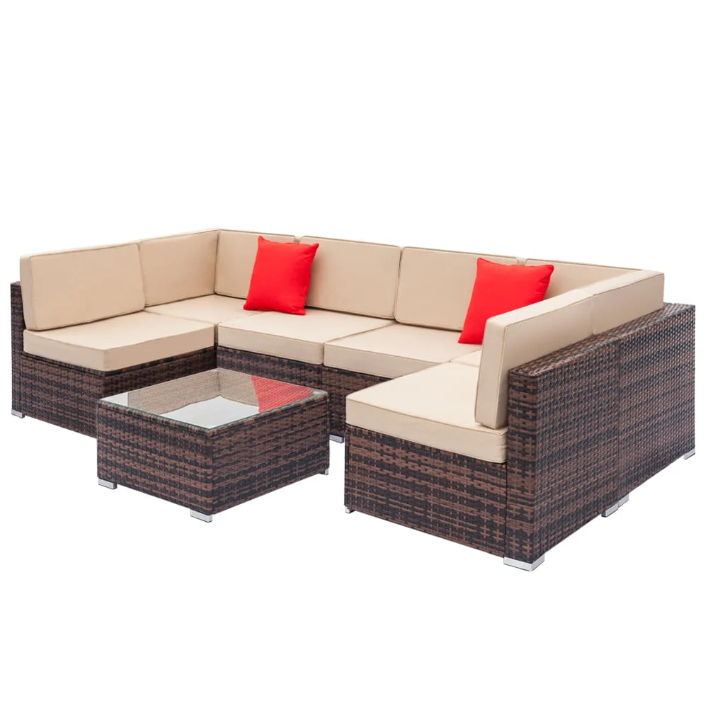 SESSLIFE 7-Piece Wicker Patio Sofa Set With Glass Coffee Table - Brown Rattan Beige Cushions