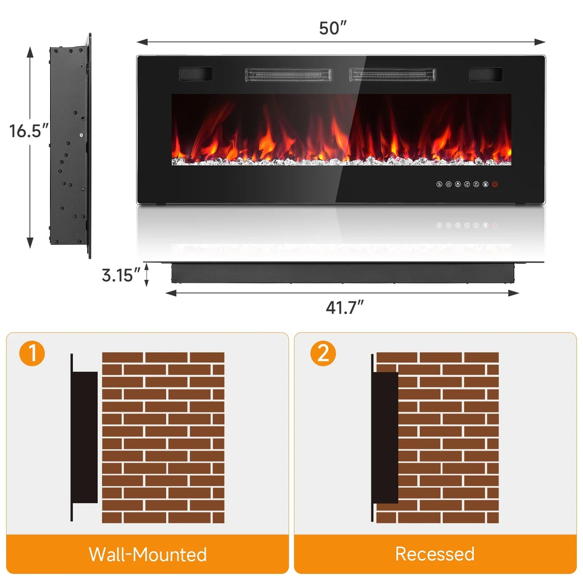 Dovov Wall Mounted Electric Fireplace Heater, 50 inch, Black, 750/1500W