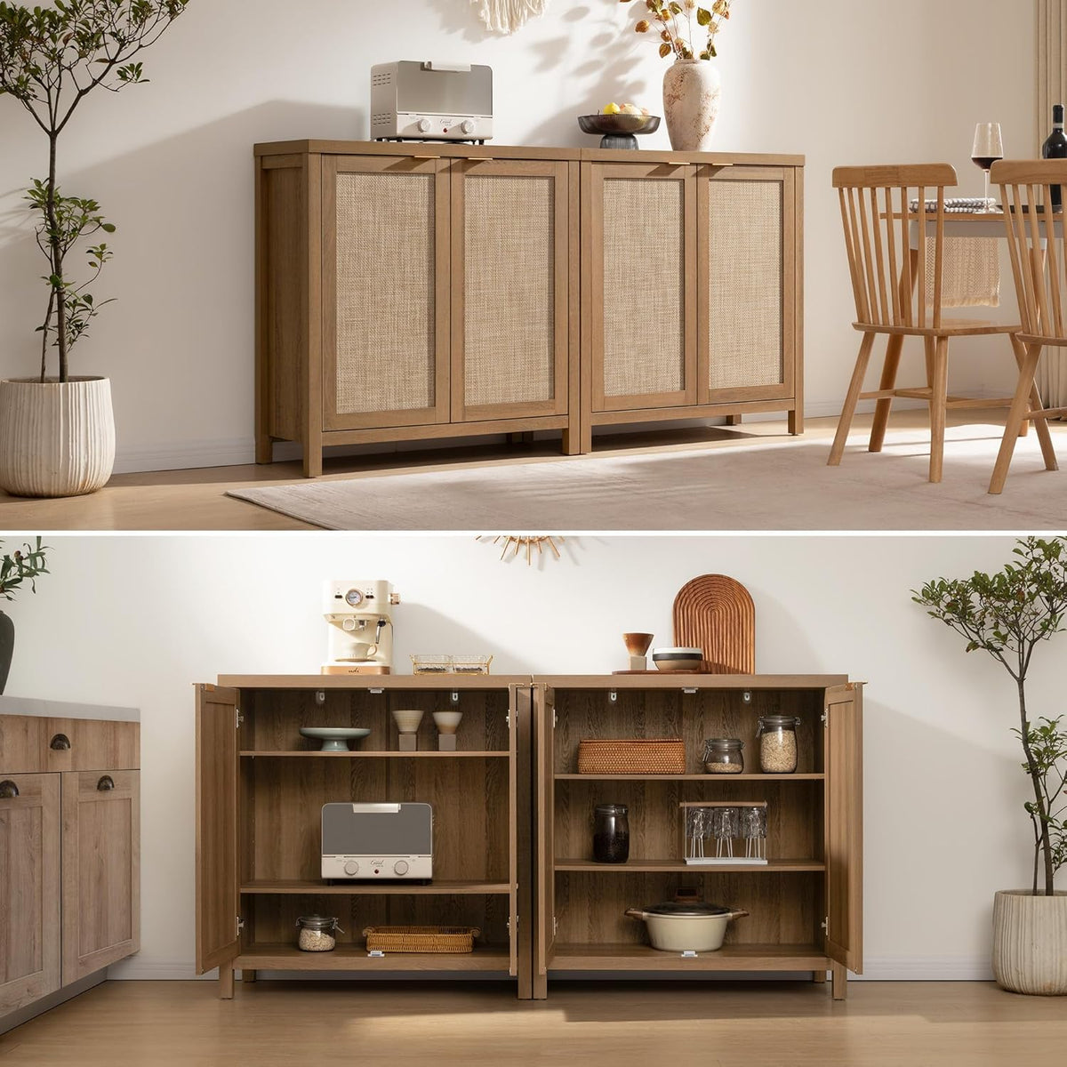 SICOTAS Sideboard Buffet Cabinet, 13.9in D x 68.6in W x 35.4in H, Oak, 2 Pcs