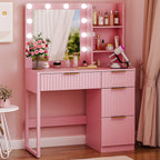 Ktaxon Vanity Makeup Table With Stool, 3-Color Lighted Mirror, 3 Shelves, Drawers, White - 35.43 x 15.55 x 29.53-53.27 in