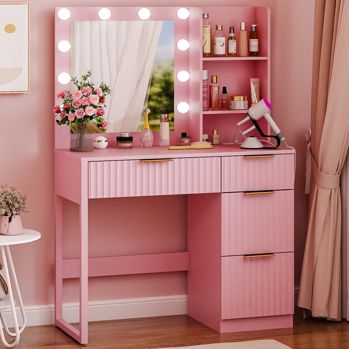 Ktaxon Vanity Makeup Table With Stool, 3-Color Lighted Mirror, 3 Shelves, Drawers, White - 35.43 x 15.55 x 29.53-53.27 in