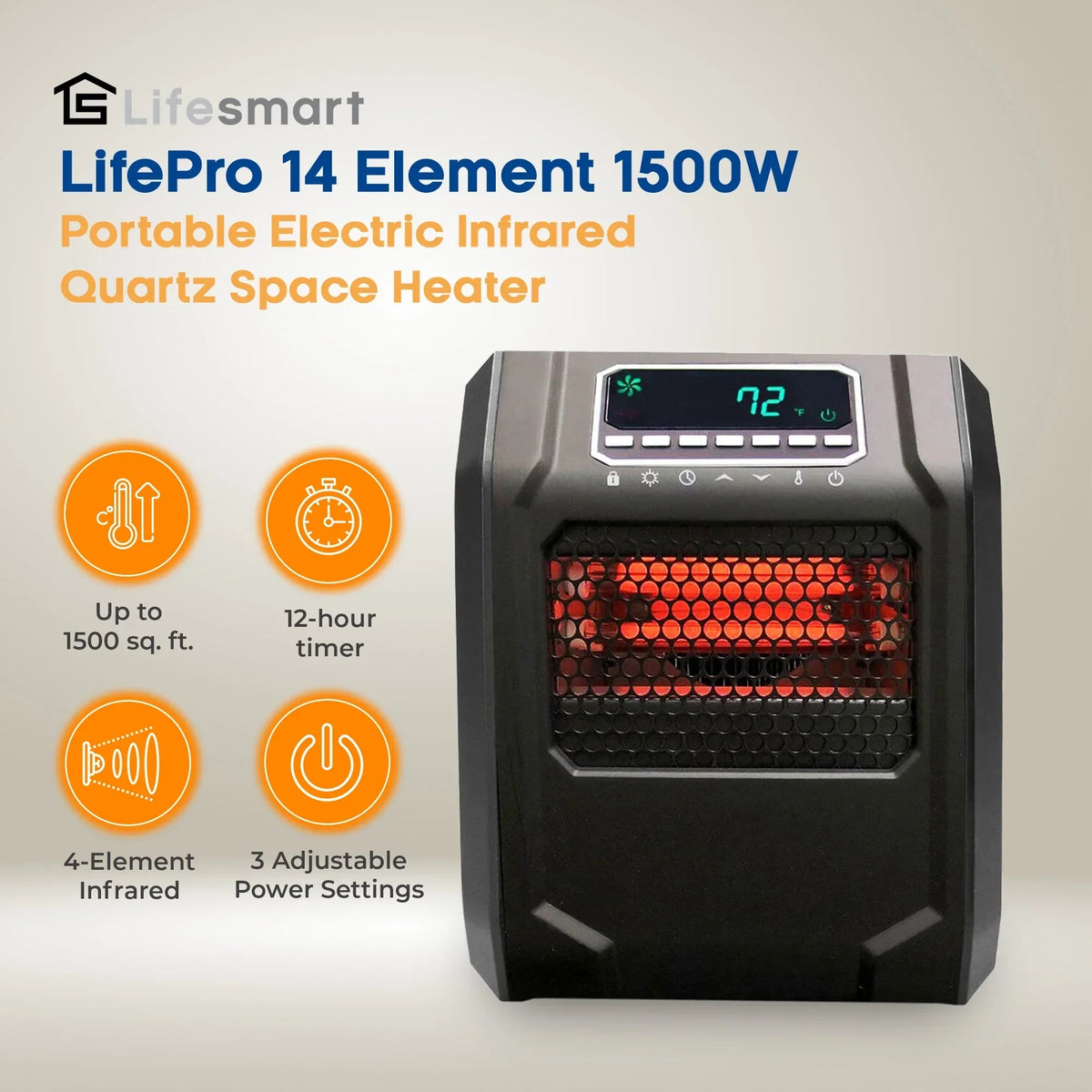 Lifesmart Infrared Quartz Space Heater, 4 Element 1500W, Black
