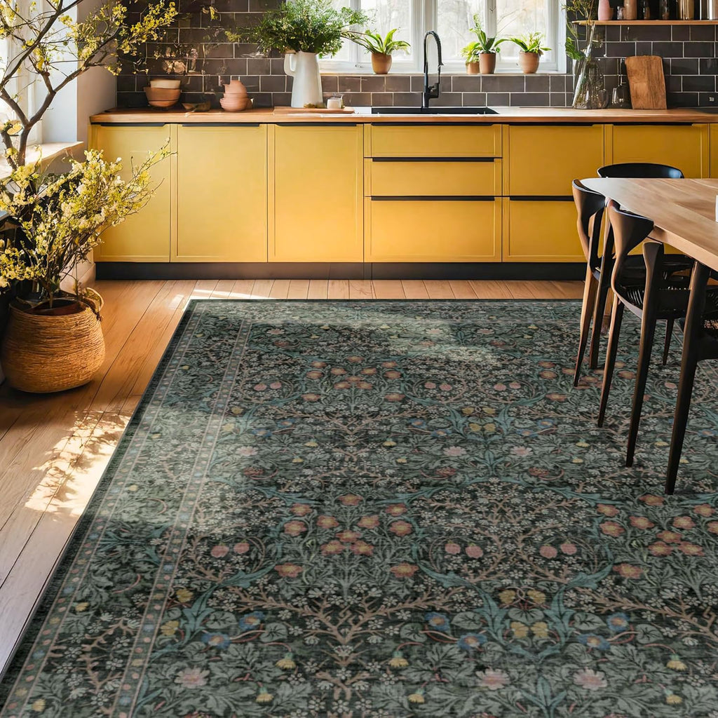 Vintage Floral Washable Area Rug, 10x14, Dark Green