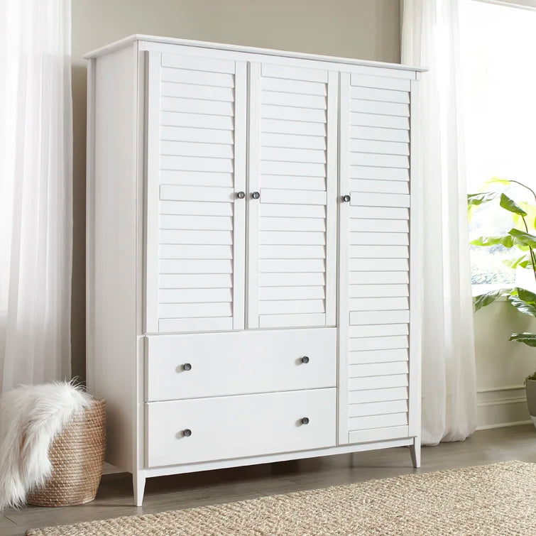 Solid Pine Wood Armoire, 3 Doors, 2 Drawers, 5 Shelves, 73.75 in H x 59.5 in W x 21.5 in D