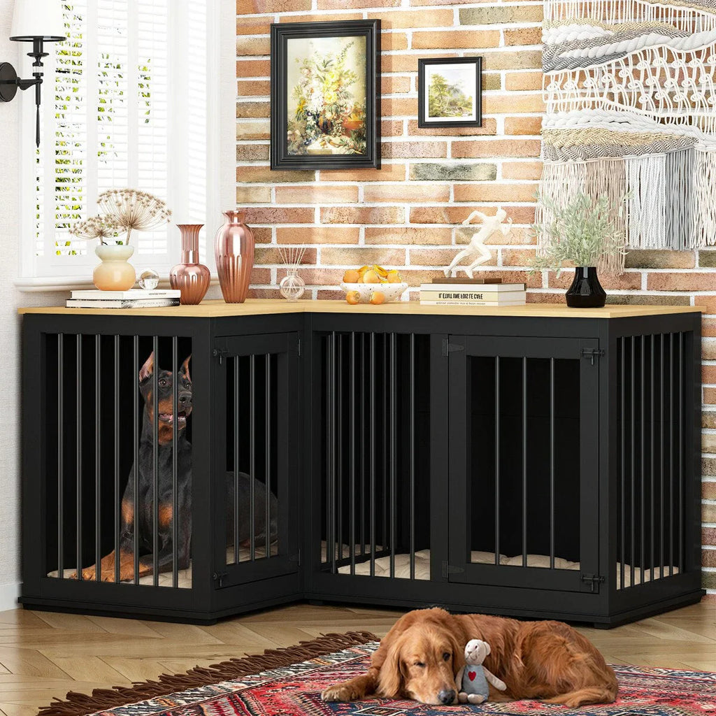 L Shape Corner Dog Crate Furniture For 2 Dogs, 58.7X41.1
