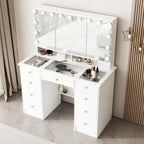 Makeup Vanity Dresser With Tri-Fold Mirror, Glass Top And 15 Bulbs - 40.2 x 53.6 x 19.7