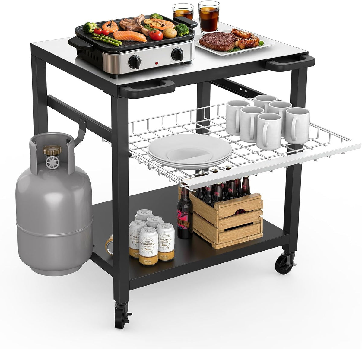 NUUK Pizza Oven Grill Cart 30x24 in With Stainless Steel Top And Sliding Drawer - White-SS-30x24W-Drw