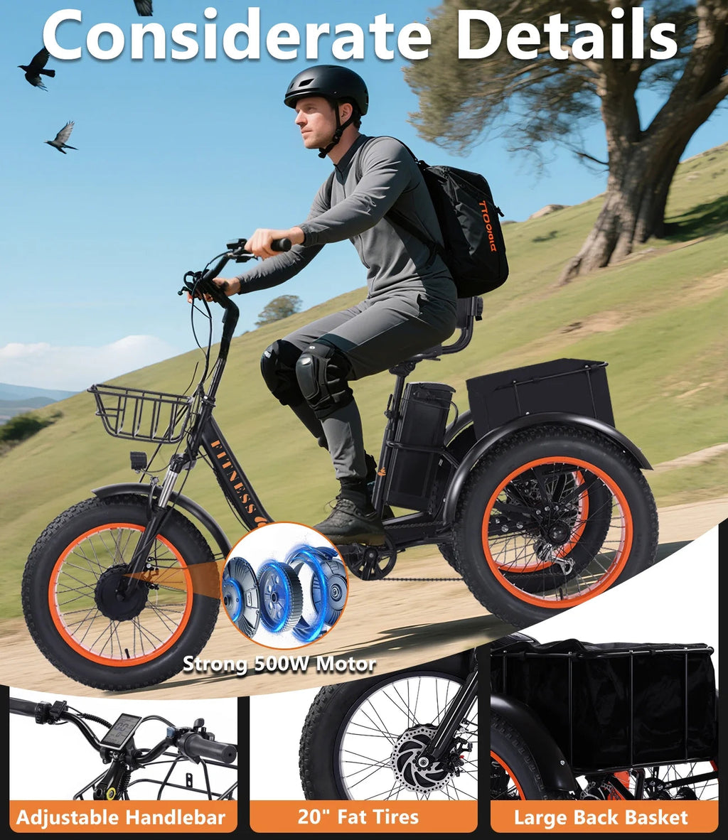 YEBEI Folding Electric Tricycle for Adults, 500W Motor, 48V15AH Lithium Battery, 20 x 4.0 in Fat Tires