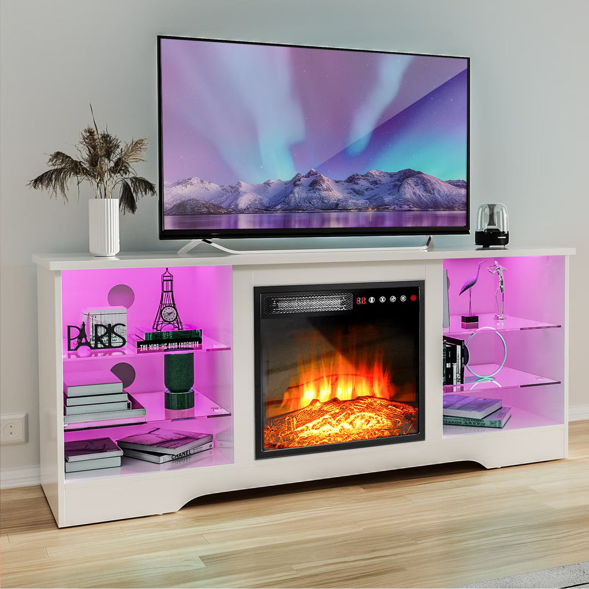Waleaf TV Stand With 18 in Electric Fireplace And Adjustable Glass Shelves - TVs Up To 65 inch