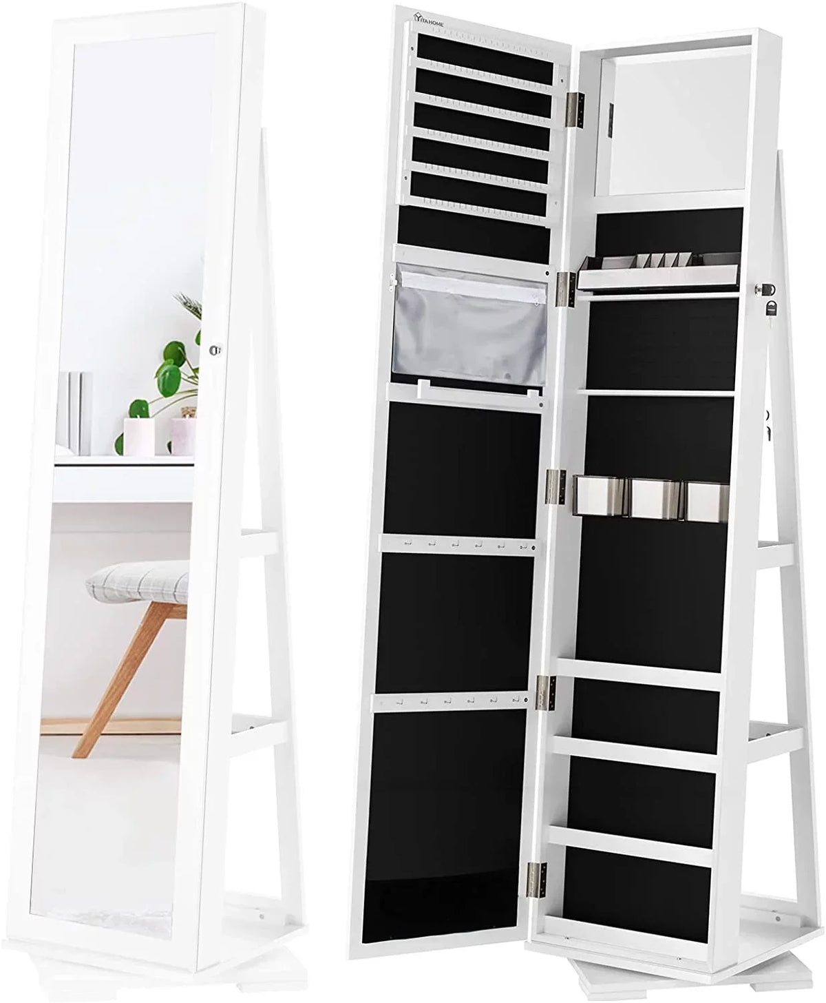 Dextrus 360 Degree Swivel Lockable Jewelry Cabinet With Full-Length Mirror And Rear Storage Shelves - White