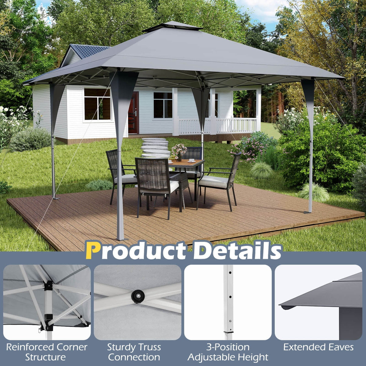 Costway Pop-Up Gazebo Outdoor Canopy Tent, 13 x 13 ft, Gray
