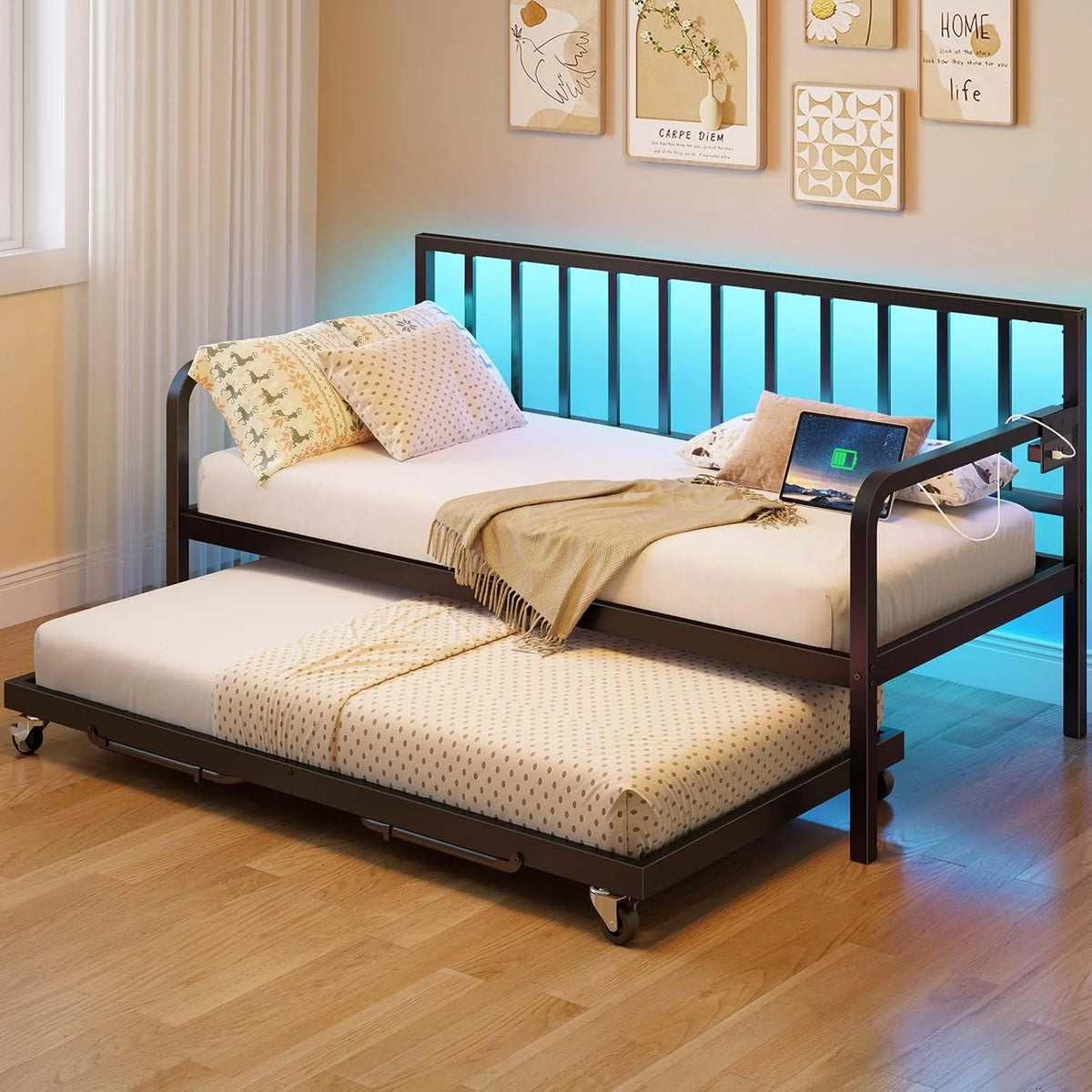 Metal Height-Adjustable Daybed With Pop-Up Trundle, LED Light And Charging Station - Black