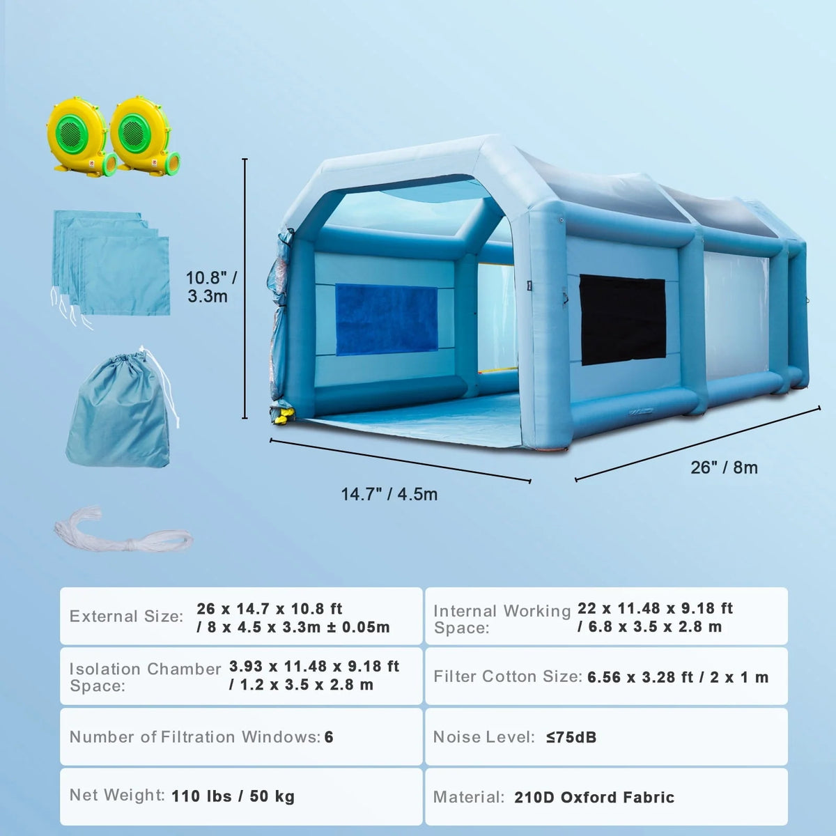BENTISM Inflatable Paint Booth 26 x 15 x 11 ft With 750W + 950W Blowers - YJSSX08