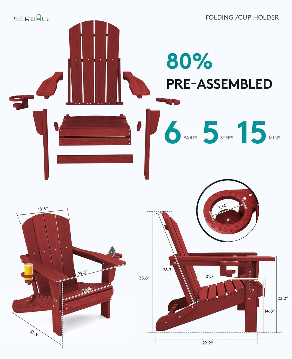 SERWALL Adirondack Chairs With Cup Holders, Set Of 6, HDPE, Dark Red