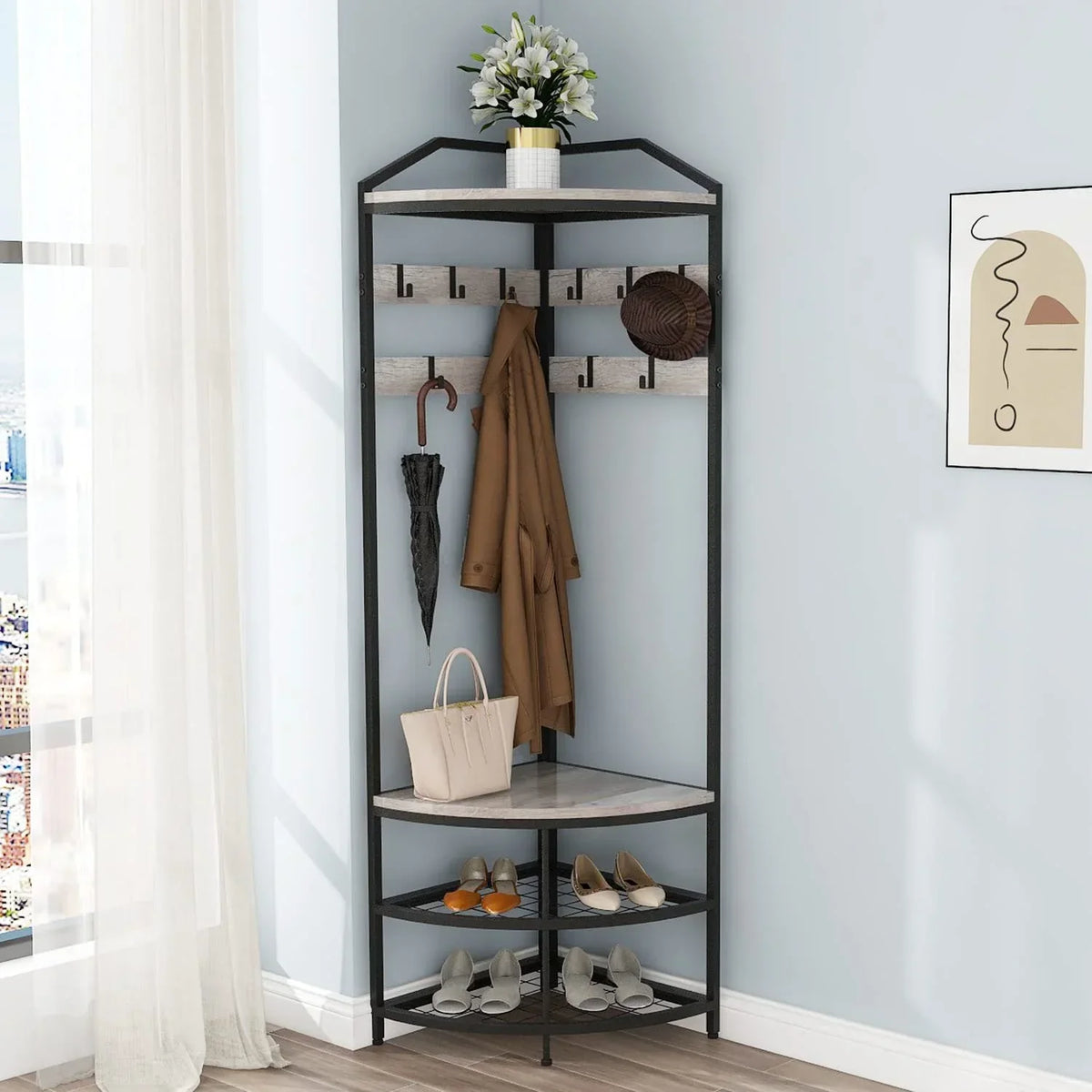DONFU Corner Hall Tree With Shoe Bench, 10 Movable Metal Hooks, Greige