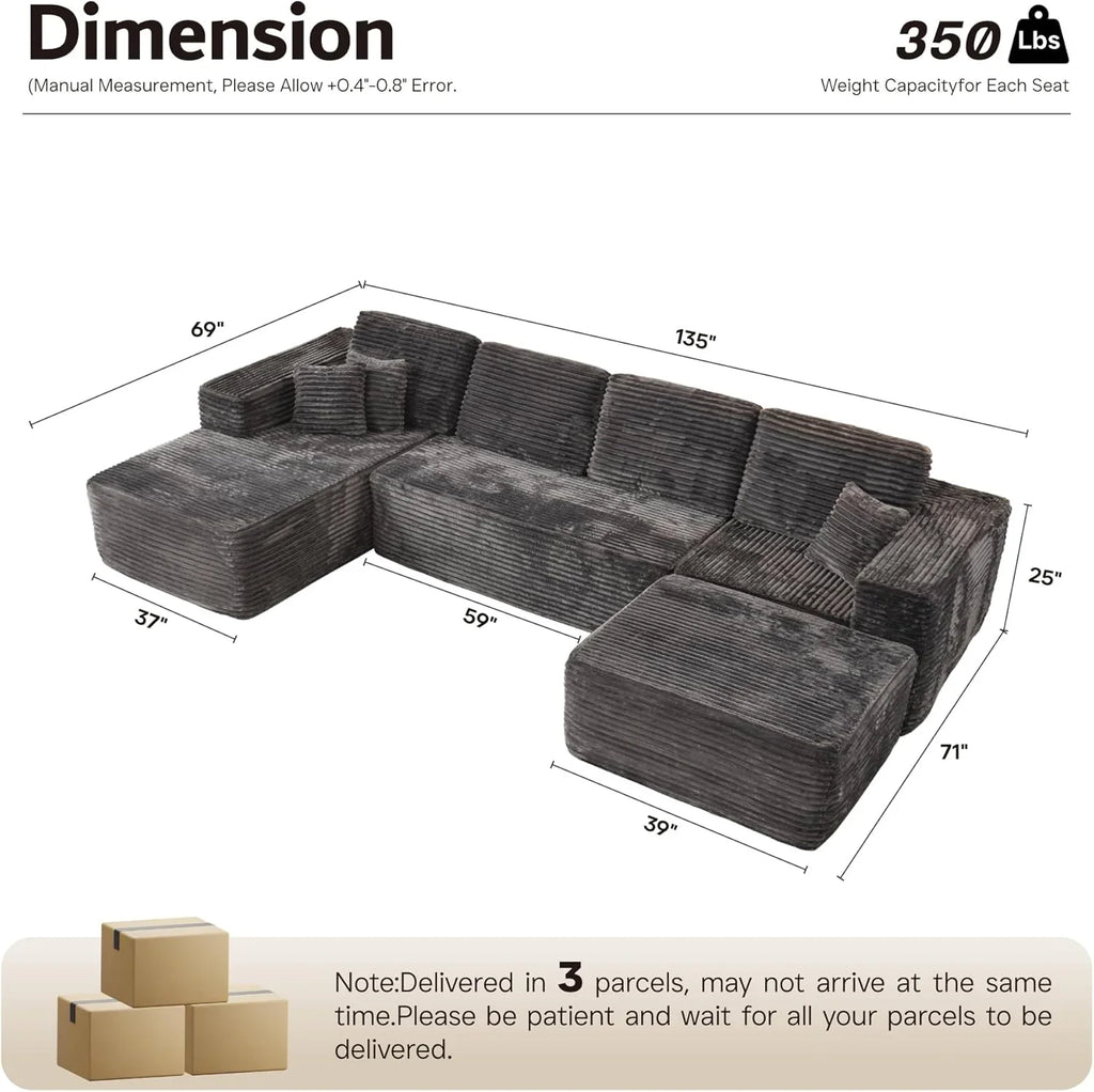 ovios 104in L-Shape Sectional Sofa With Chaise, Grey Plush Corduroy Fabric