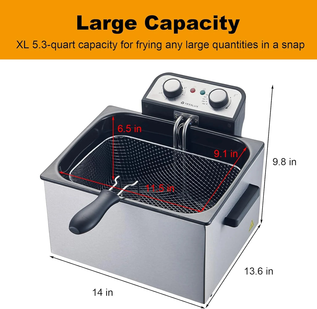 Electric Deep Fryer With Basket, 5.3 Quart, Stainless Steel