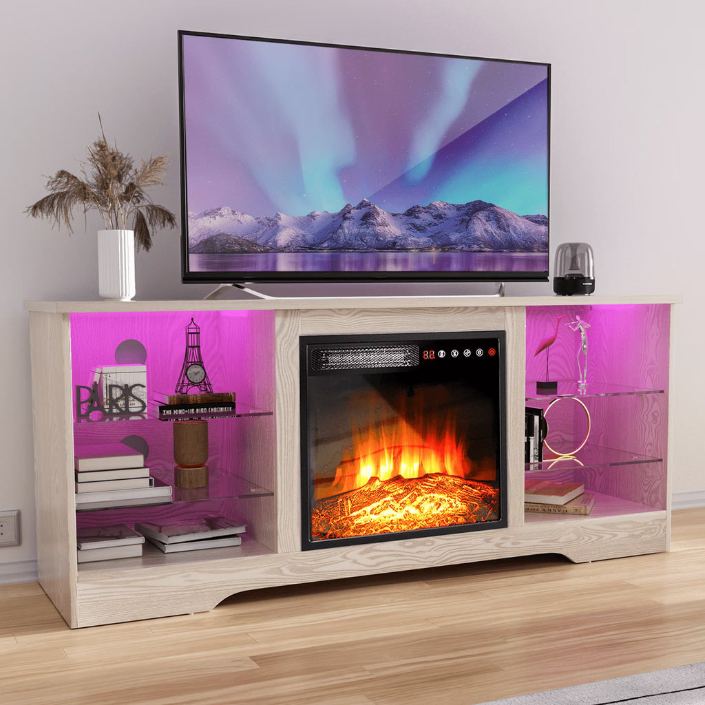 Waleaf TV Stand With 18 in Electric Fireplace And Adjustable Glass Shelves - TVs Up To 65 inch