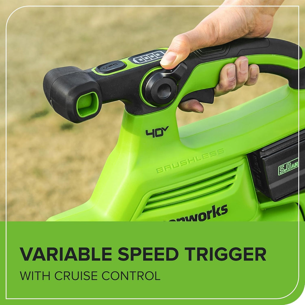 Greenworks 40V Cordless Brushless Leaf Blower Vacuum With Bag, 230 MPH, 505 CFM, 5.0Ah Battery And Charger