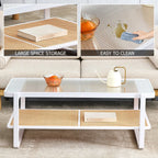 Glass Top Imitation Rattan Solid Wood Side Table, White - W1151134809