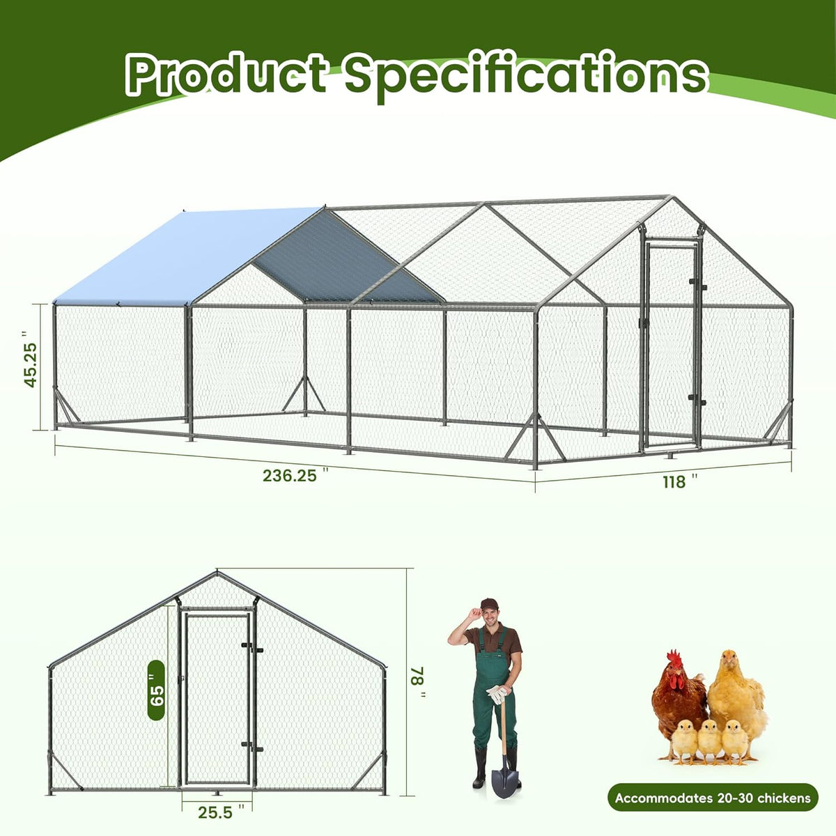 Metal Walk-In Chicken Run Cage With Waterproof Anti-Ultraviolet Cover, 19.6' L x 9.8' W x 6.4' H