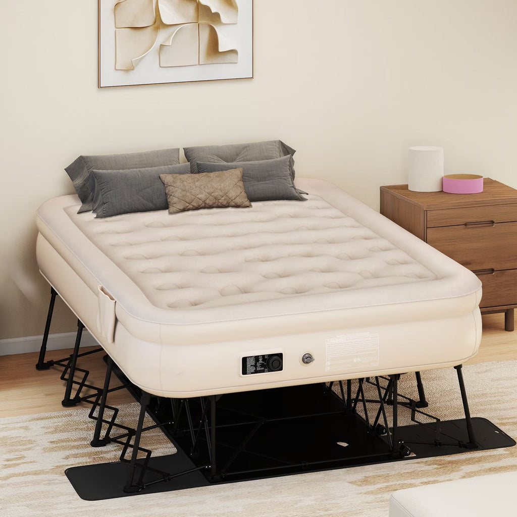 Dextrus Inflatable Queen Air Mattress With Built-In Pump, Steel Frame, Velvet Surface, Khaki