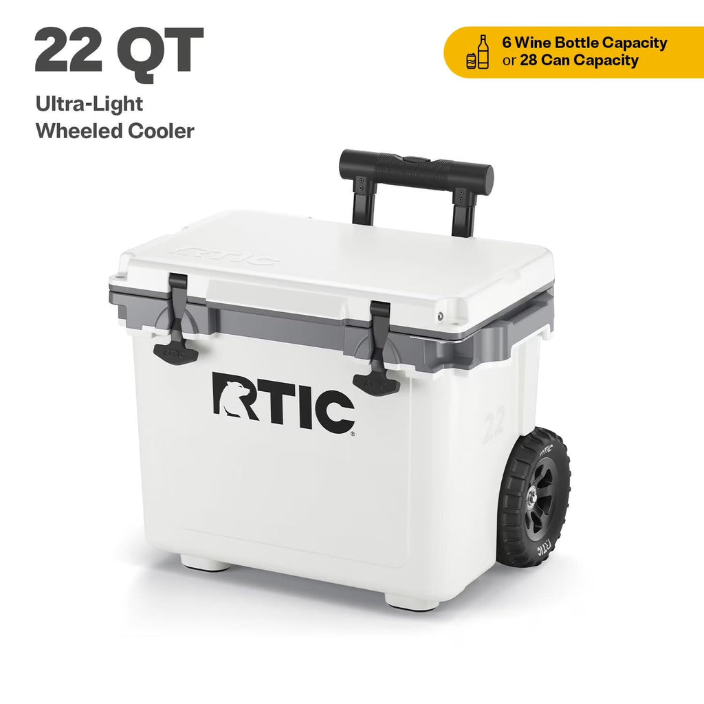 RTIC Ultra-Light Wheeled Hard-Sided Cooler, 22 QT, Fits 28 Cans or 6 Wine Bottles, White & Grey