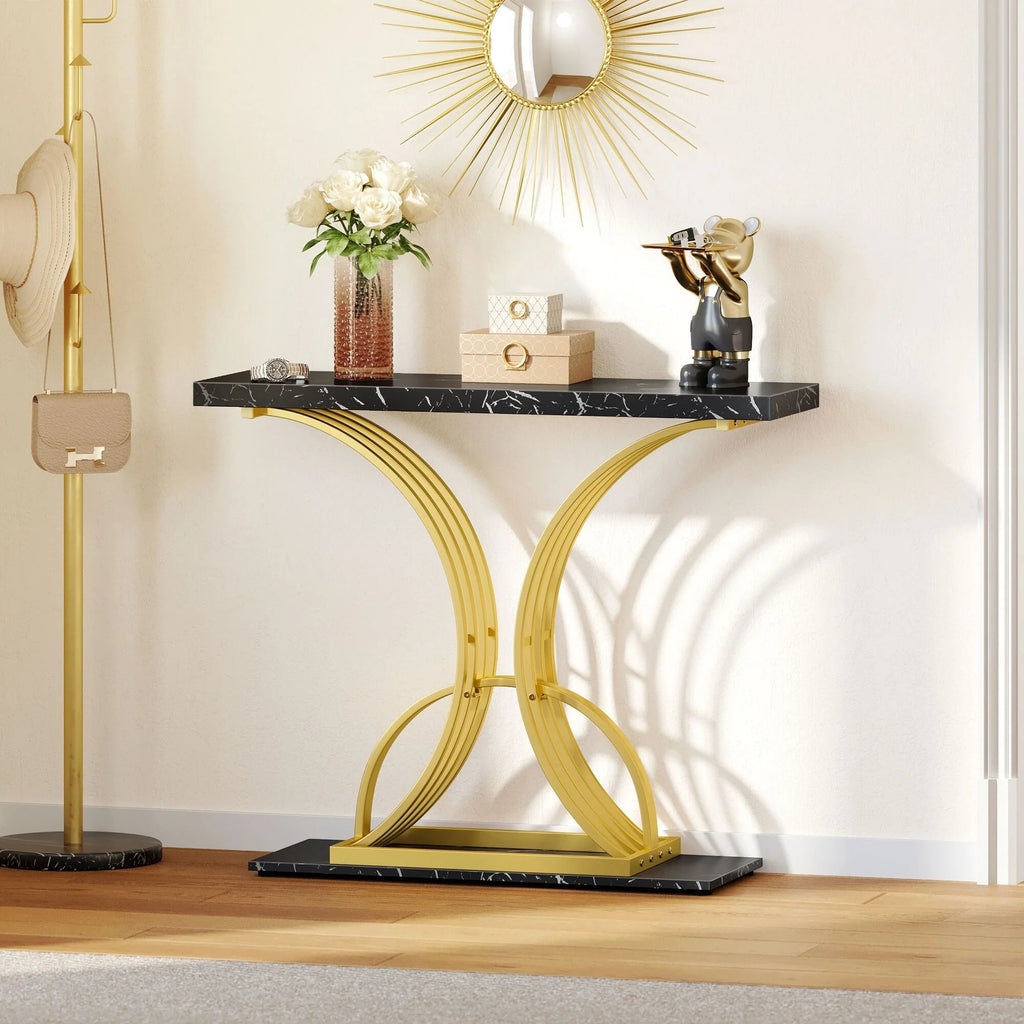 Console Table With Faux Marble MDF Top And Gold Metal Frame