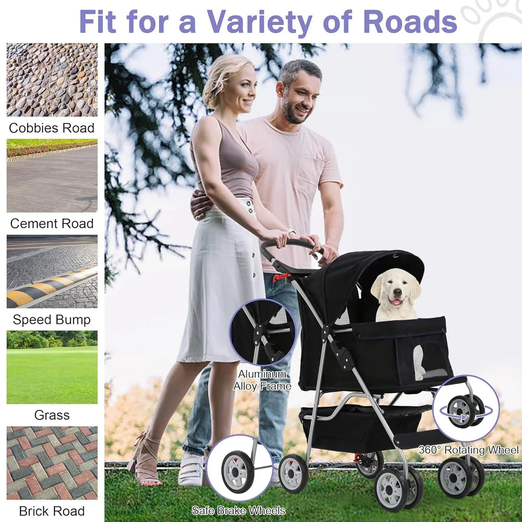 Folding Pet Stroller With 4 Wheels, Cup Holder And Storage Basket, Black