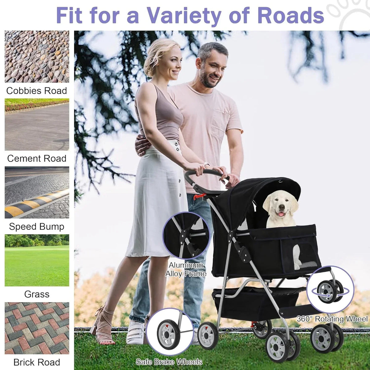 Folding Pet Stroller With 4 Wheels, Cup Holder And Storage Basket, Black