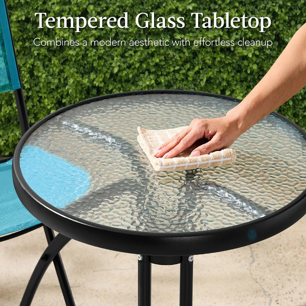 Best Choice Products 3-Piece Patio Bistro Dining Set With Glass Tabletop And Folding Chairs - Gray